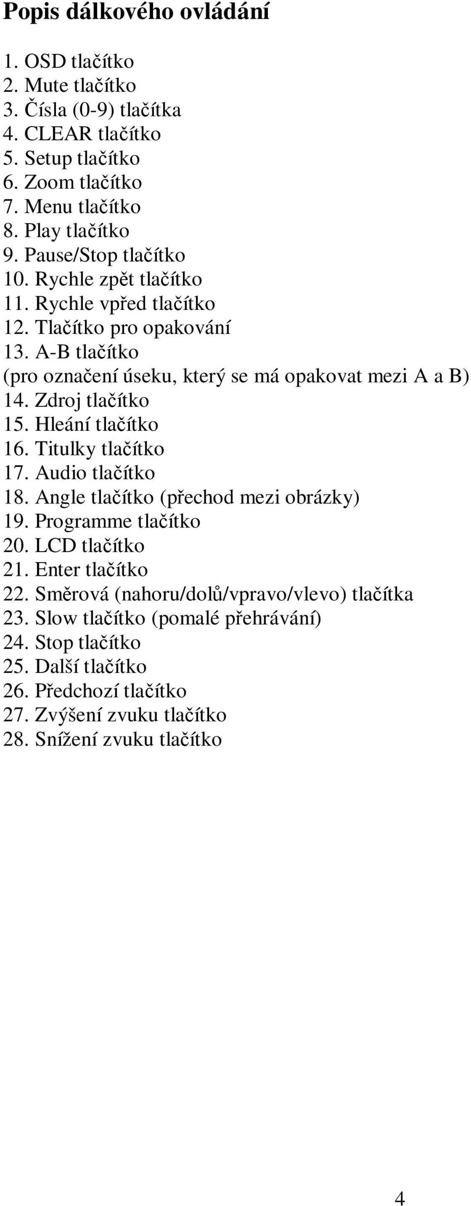 Zdroj tlačítko 15. Hleání tlačítko 16. Titulky tlačítko 17. Audio tlačítko 18. Angle tlačítko (přechod mezi obrázky) 19. Programme tlačítko 20. LCD tlačítko 21. Enter tlačítko 22.