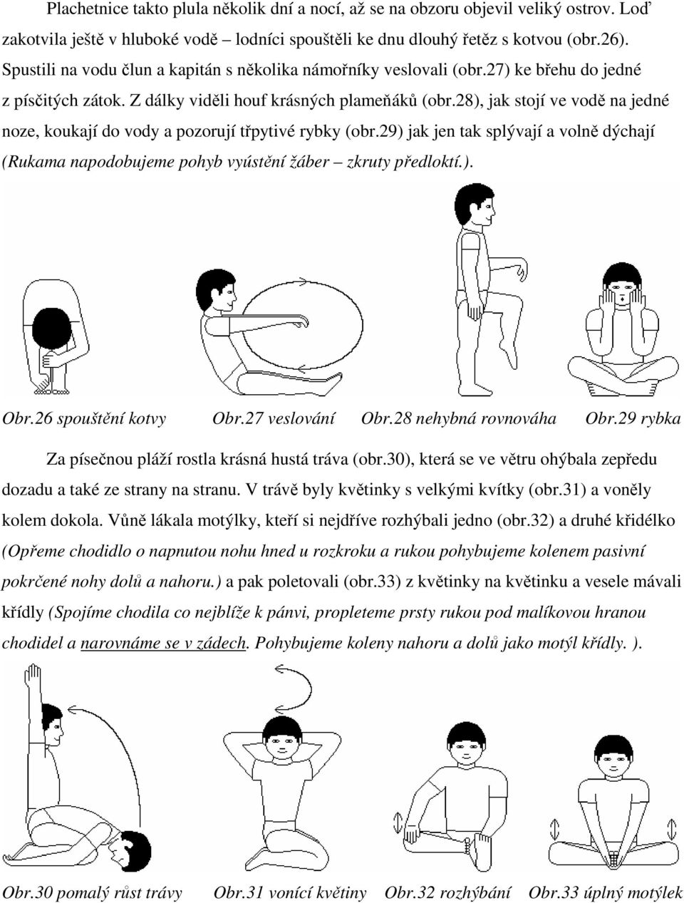 28), jak stojí ve vodě na jedné noze, koukají do vody a pozorují třpytivé rybky (obr.29) jak jen tak splývají a volně dýchají (Rukama napodobujeme pohyb vyústění žáber zkruty předloktí.). Obr.