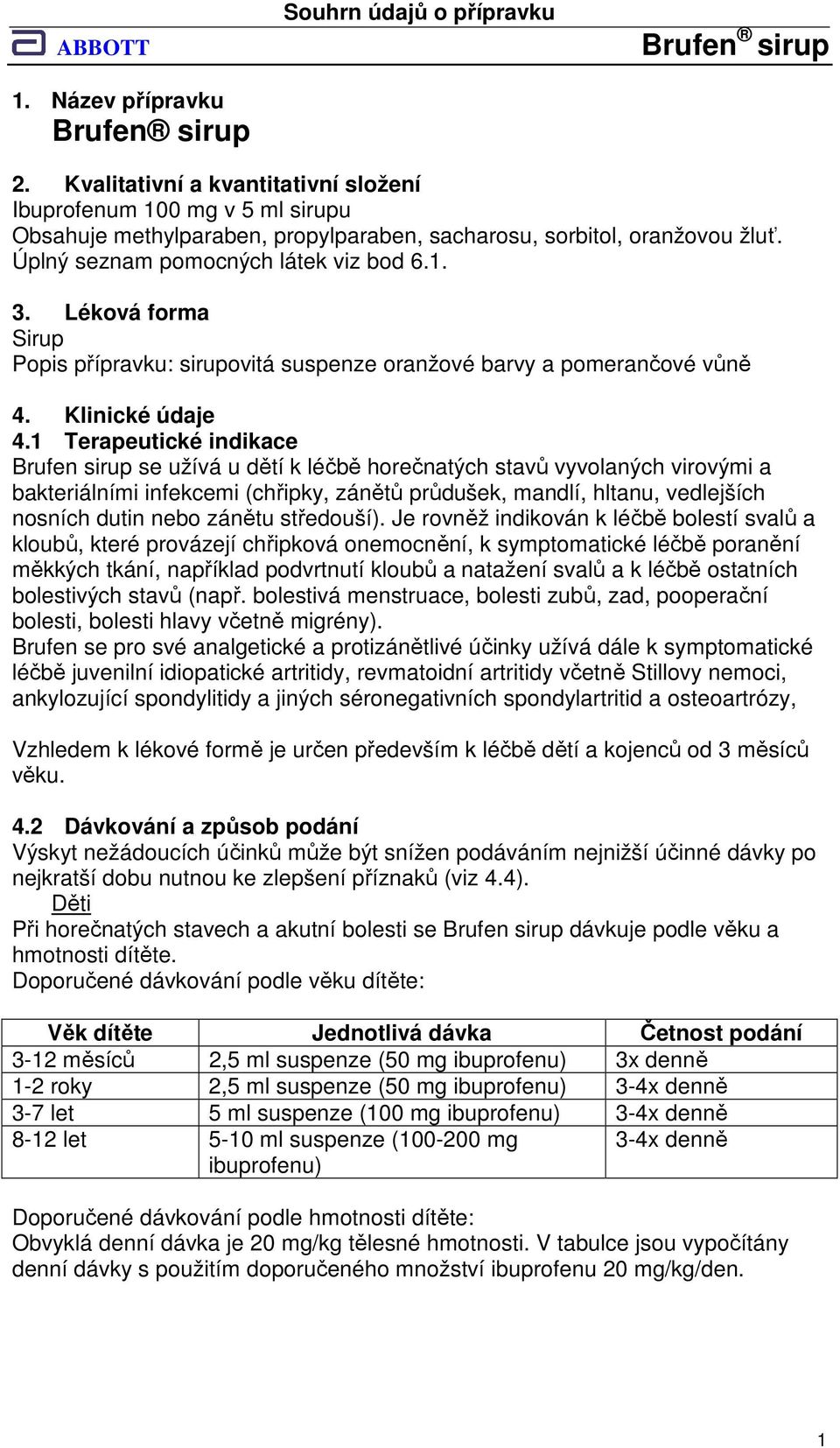 1 Terapeutické indikace Brufen sirup se užívá u dětí k léčbě horečnatých stavů vyvolaných virovými a bakteriálními infekcemi (chřipky, zánětů průdušek, mandlí, hltanu, vedlejších nosních dutin nebo