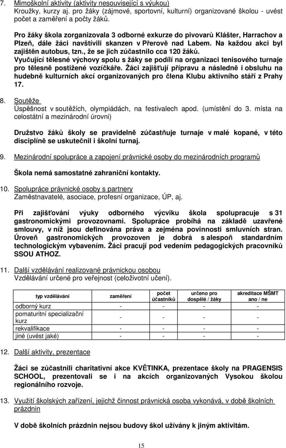 , že se jich zúčastnilo cca 120 žáků. Vyučující tělesné výchovy spolu s žáky se podílí na organizaci tenisového turnaje pro tělesně postižené vozíčkáře.