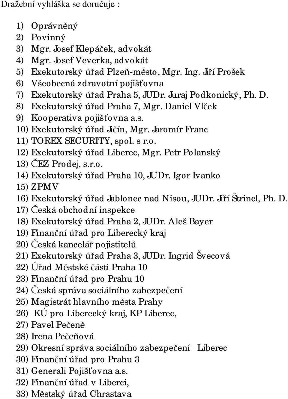 Jaromír Franc 11) TOREX SECURITY, spol. s r.o. 12) Exekutorský ú ad Liberec, Mgr. Petr Polanský 13) EZ Prodej, s.r.o. 14) Exekutorský ú ad Praha 10, JUDr.