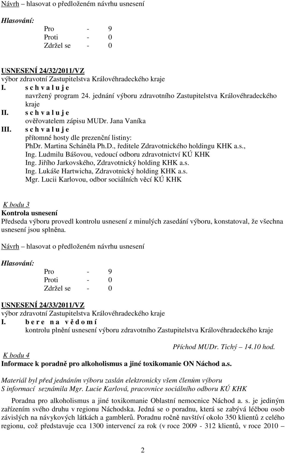 Ludmilu Bášovou, vedoucí odboru zdravotnictví KÚ KHK Ing. Jiřího Jarkovského, Zdravotnický holding KHK a.s. Ing. Lukáše Hartwicha, Zdravotnický holding KHK a.s. Mgr.