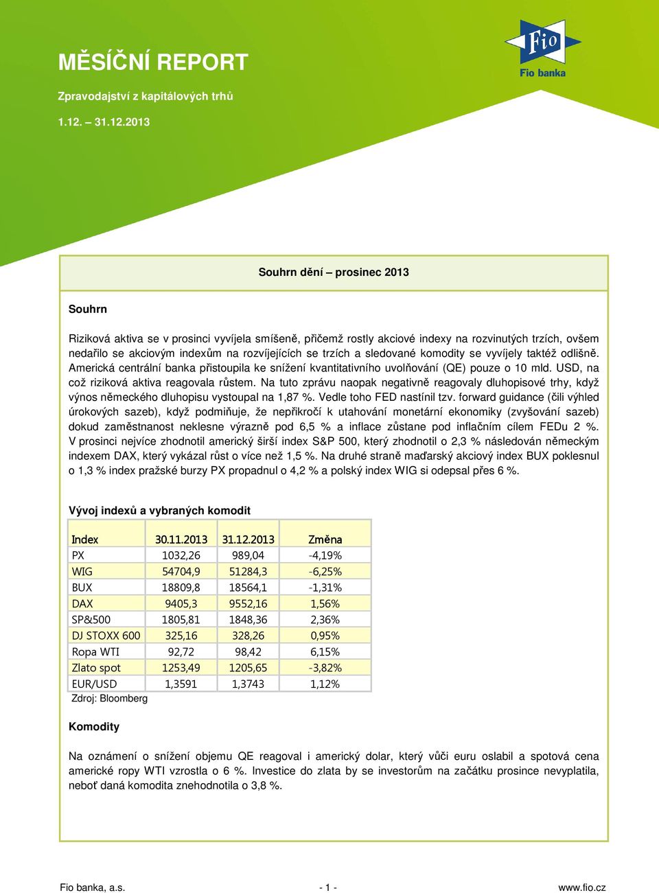 2013 Souhrn dění prosinec 2013 Souhrn Riziková aktiva se v prosinci vyvíjela smíšeně, přičemž rostly akciové indexy na rozvinutých trzích, ovšem nedařilo se akciovým indexům na rozvíjejících se