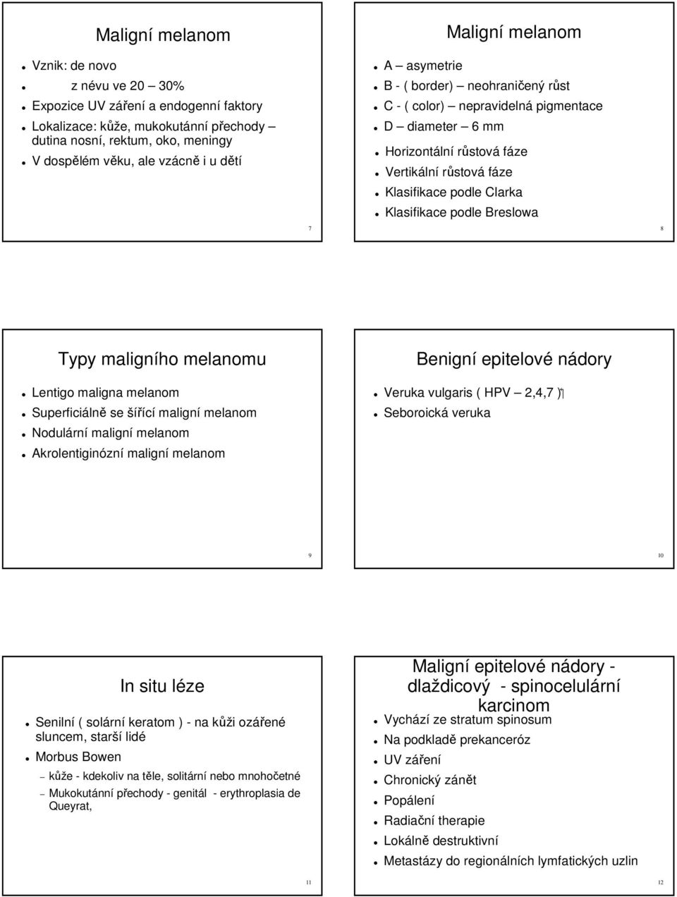 podle Breslowa 7 8 Typy maligního melanomu Lentigo maligna melanom Superficiálně se šířící maligní melanom Nodulární maligní melanom Akrolentiginózní maligní melanom Benigní epitelové nádory Veruka