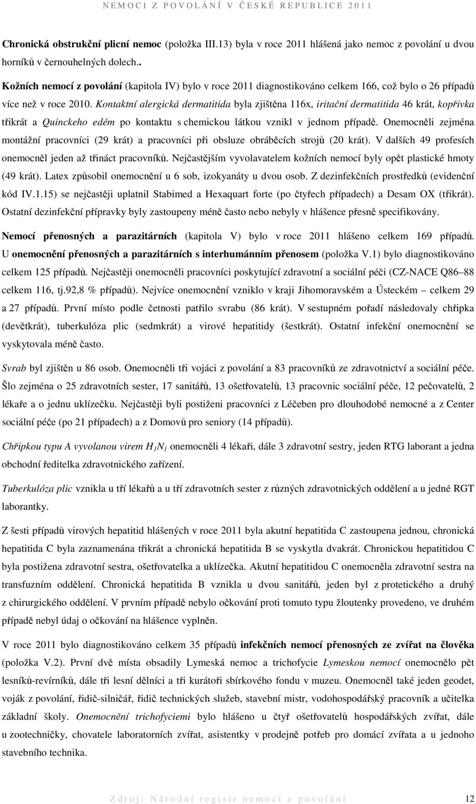 Kontaktní alergická dermatitida byla zjištěna 116x, iritační dermatitida 46 krát, kopřivka třikrát a Quinckeho edém po kontaktu s chemickou látkou vznikl v jednom případě.