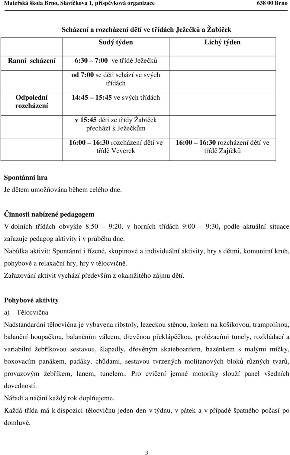 celého dne. Činnosti nabízené pedagogem V dolních třídách obvykle 8:50 9:20, v horních třídách 9:00 9:30, podle aktuální situace zařazuje pedagog aktivity i v průběhu dne.