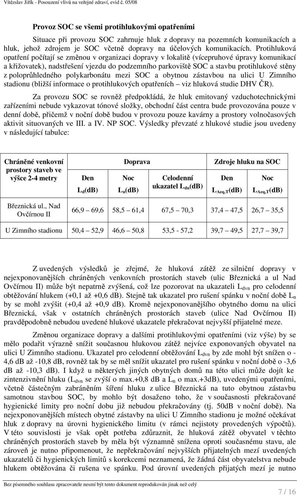 poloprůhledného polykarbonátu mezi SOC a obytnou zástavbou na ulici U Zimního stadionu (bližší informace o protihlukových opatřeních viz hluková studie DHV ČR).
