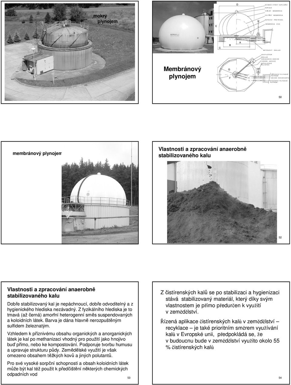 membránový plynojem 52 Vlastnosti a zpracování anaerobně stabilizovaného kalu Dobře stabilizovaný kal je nepáchnoucí, dobře odvoditelný a z hygienického hlediska nezávadný.