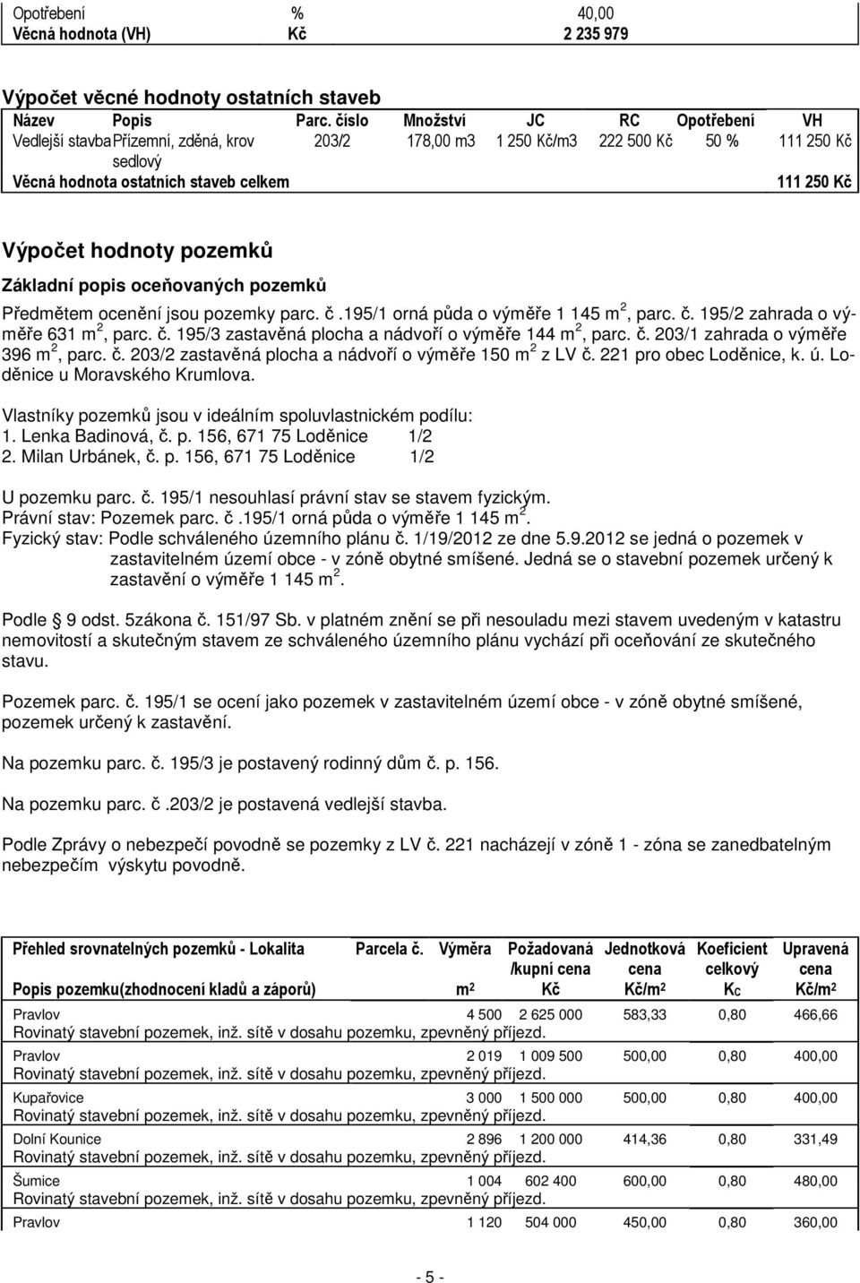 hodnoty pozemků Základní popis oceňovaných pozemků Předmětem ocenění jsou pozemky parc. č.195/1 orná půda o výměře 1 145 m 2, parc. č. 195/2 zahrada o výměře 631 m 2, parc. č. 195/3 zastavěná plocha a nádvoří o výměře 144 m 2, parc.