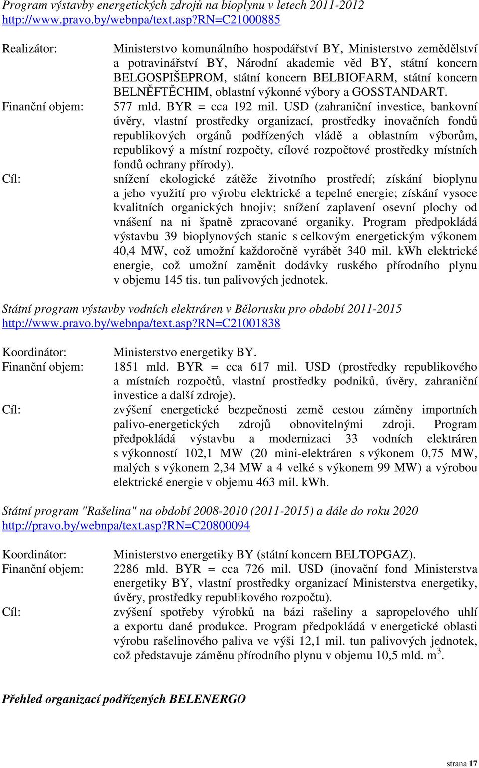 koncern BELBIOFARM, státní koncern BELNĚFTĚCHIM, oblastní výkonné výbory a GOSSTANDART. 577 mld. BYR = cca 192 mil.