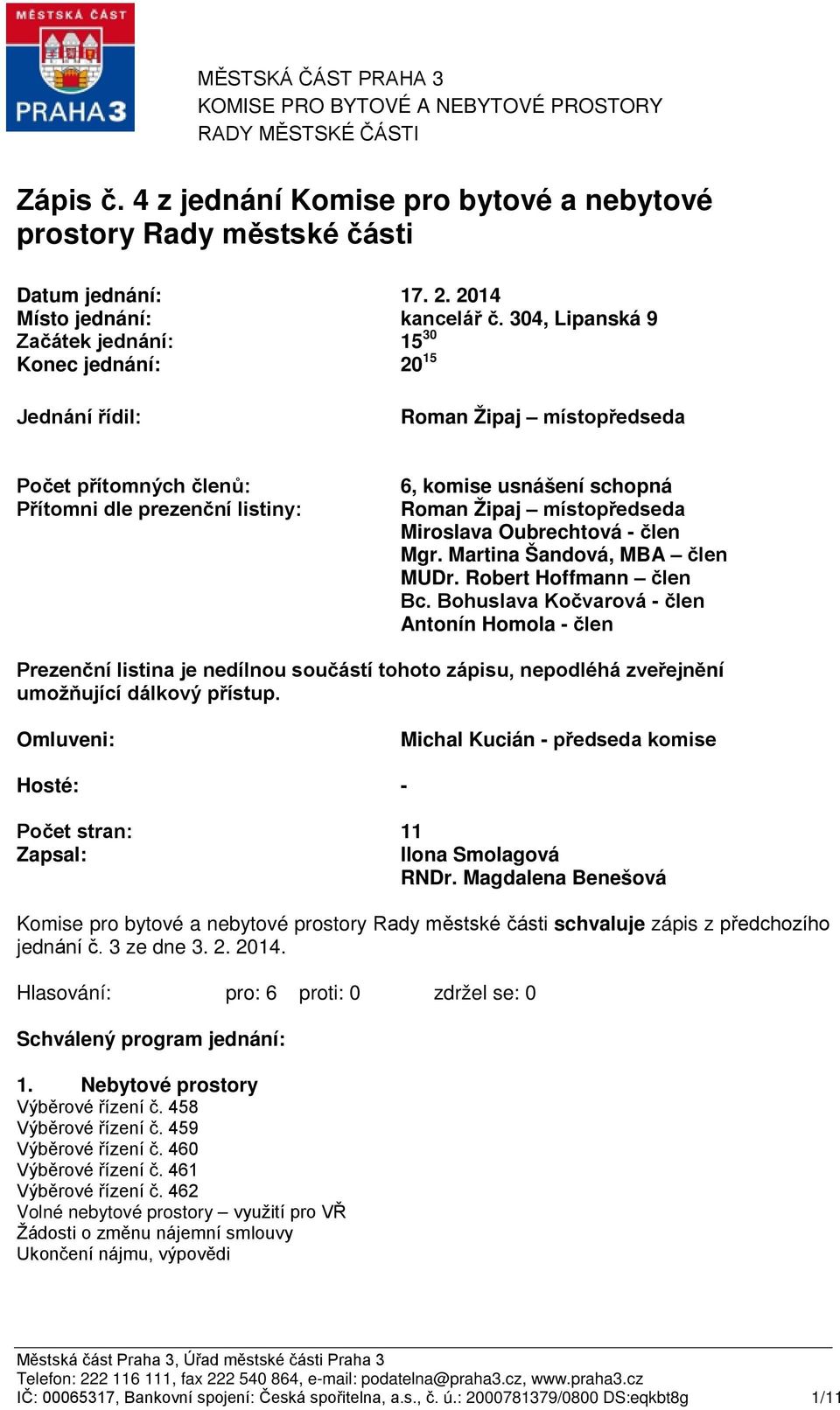 304, Lipanská 9 Začátek jednání: Konec jednání: 15 30 20 15 Jednání řídil: Roman Žipaj místopředseda Počet přítomných členů: Přítomni dle prezenční listiny: 6, komise usnášení schopná Roman Žipaj