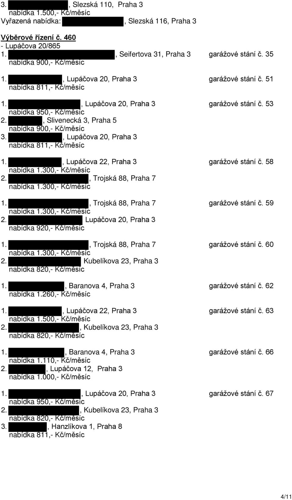 , Lupáčova 20, Praha 3 nabídka 811,- Kč/měsíc 1., Lupáčova 22, Praha 3 garážové stání č. 58 nabídka 1.300,- Kč/měsíc 2., Trojská 88, Praha 7 nabídka 1.300,- Kč/měsíc 1.