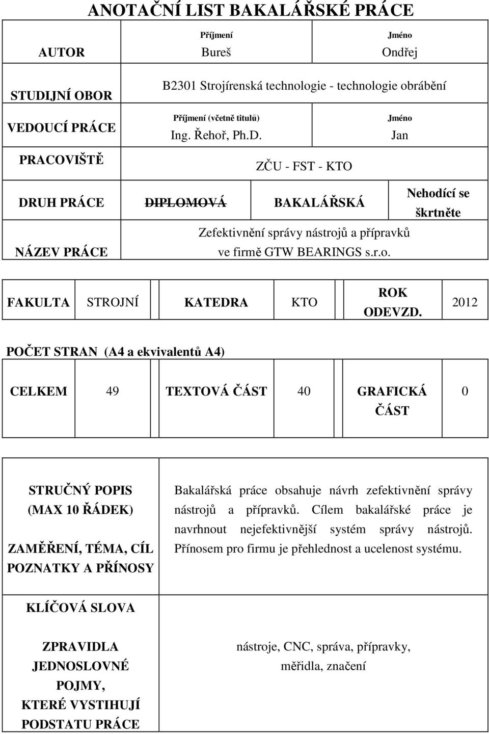 UCÍ PRÁCE PRACOVIŠTĚ Příjmení (včetně titulů) Ing. Řehoř, Ph.D.