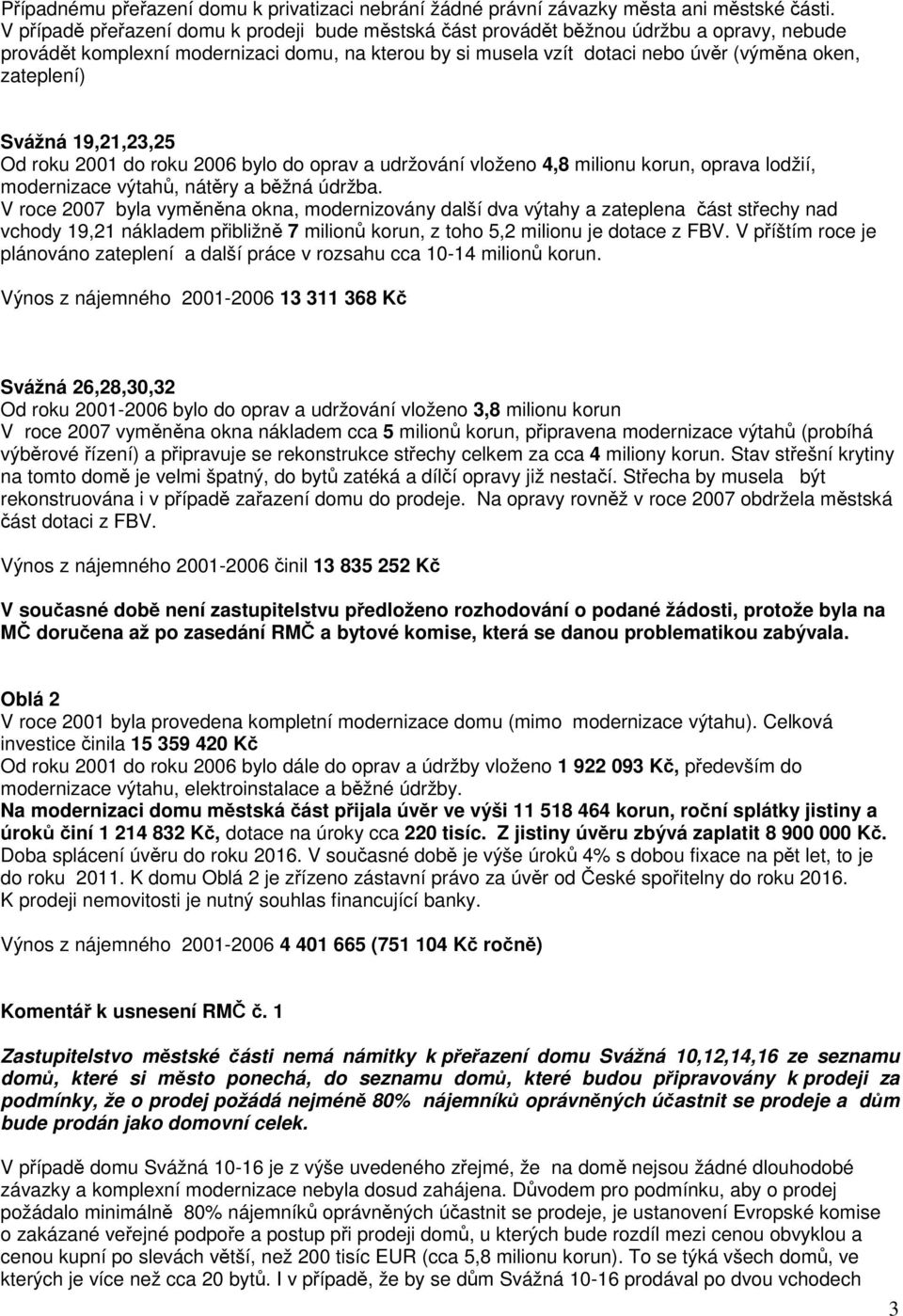 Svážná 19,21,23,25 Od roku 2001 do roku 2006 bylo do oprav a udržování vloženo 4,8 milionu korun, oprava lodžií, modernizace výtahů, nátěry a běžná údržba.