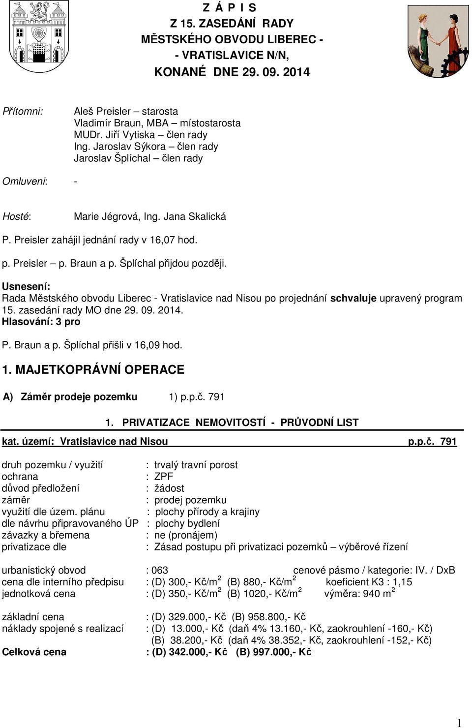 Braun a p. Šplíchal přijdou později. Rada Městského obvodu Liberec - Vratislavice nad Nisou po projednání schvaluje upravený program 15. zasedání rady MO dne 29. 09. 2014. Hlasování: 3 pro P.