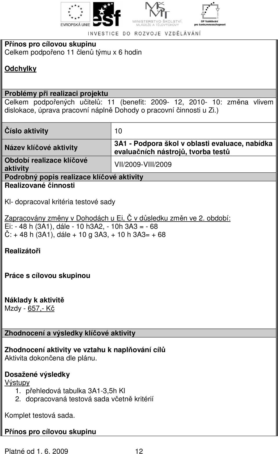 ) Číslo 10 3A1 - Podpora škol v oblasti evaluace, nabídka evaluačních nástrojů, tvorba testů VII/2009-VIII/2009 Podrobný popis realizace klíčové Realizované činnosti Kl- dopracoval kritéria testové