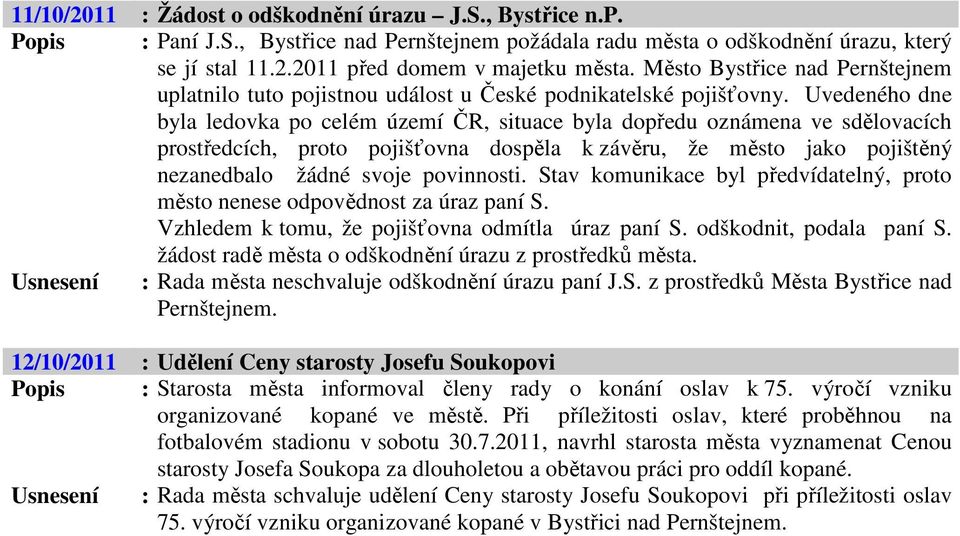 Uvedeného dne byla ledovka po celém území ČR, situace byla dopředu oznámena ve sdělovacích prostředcích, proto pojišťovna dospěla k závěru, že město jako pojištěný nezanedbalo žádné svoje povinnosti.