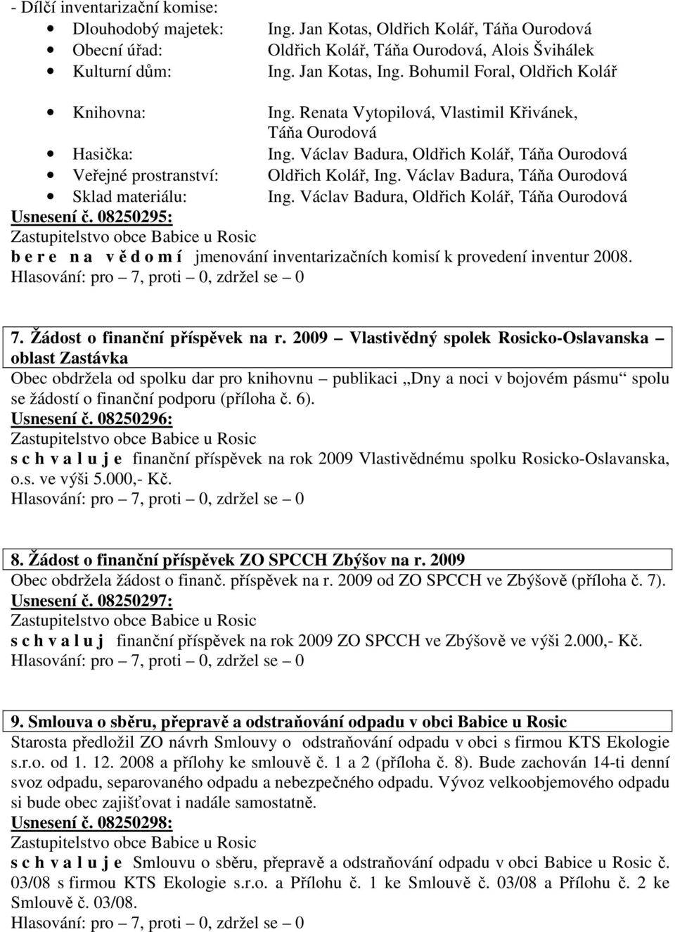 Václav Badura, Táňa Ourodová Sklad materiálu: Ing. Václav Badura, Oldřich Kolář, Táňa Ourodová Usnesení č.