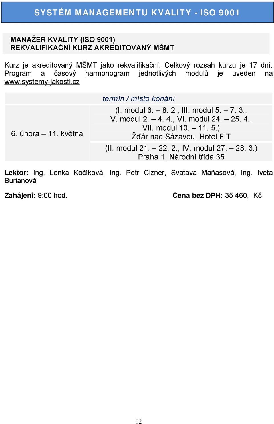 2., III. modul 5. 7. 3., V. modul 2. 4. 4., VI. modul 24. 25. 4., VII. modul 10. 11. 5.) Žďár nad Sázavou, Hotel FIT (II. modul 21. 22. 2., IV.