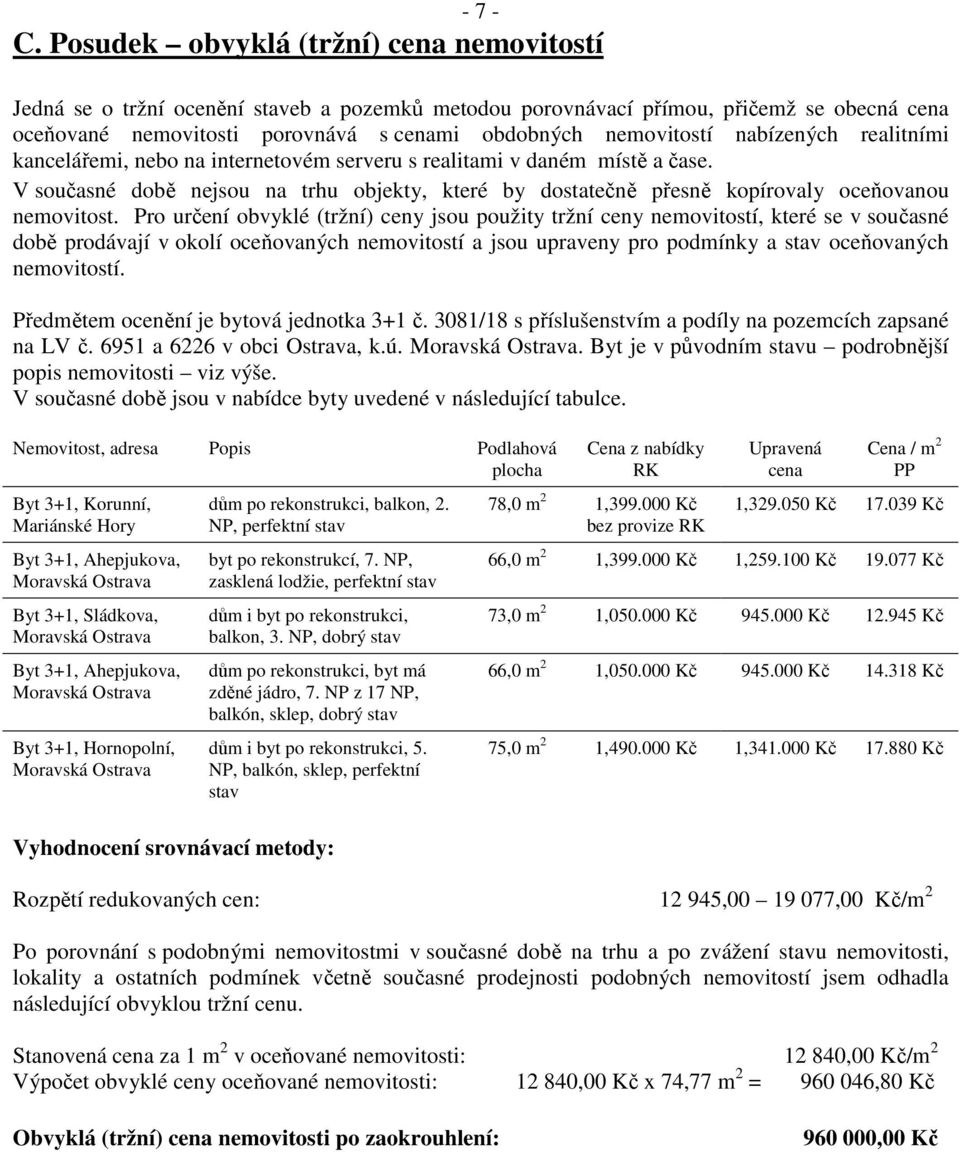 nabízených realitními kancelářemi, nebo na internetovém serveru s realitami v daném místě a čase. V současné době nejsou na trhu objekty, které by dostatečně přesně kopírovaly oceňovanou nemovitost.