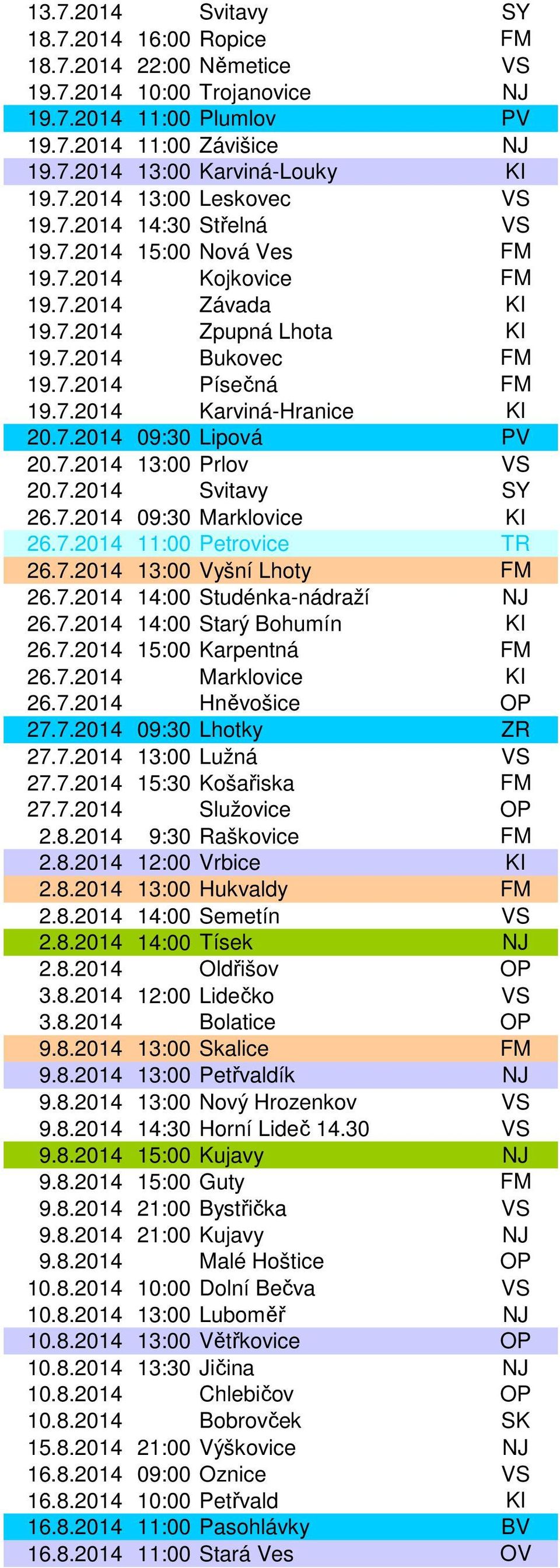 7.2014 13:00 Prlov VS 20.7.2014 Svitavy SY 26.7.2014 09:30 Marklovice KI 26.7.2014 11:00 Petrovice TR 26.7.2014 13:00 Vyšní Lhoty FM 26.7.2014 14:00 Studénka-nádraží NJ 26.7.2014 14:00 Starý Bohumín KI 26.