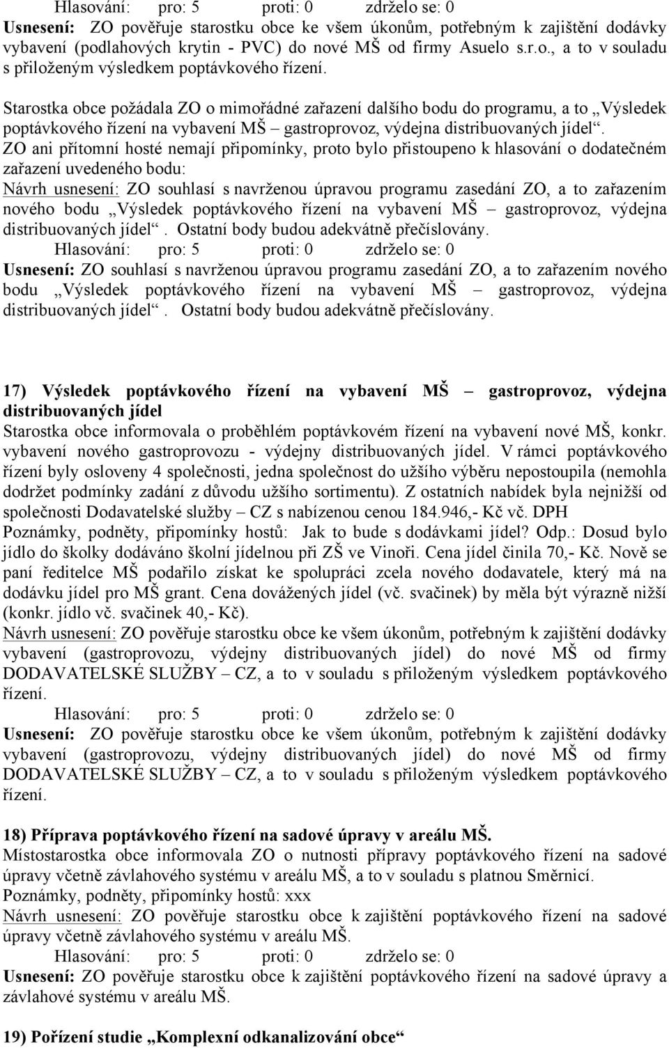 ZO ani přítomní hosté nemají připomínky, proto bylo přistoupeno k hlasování o dodatečném zařazení uvedeného bodu: ZO souhlasí s navrženou úpravou programu zasedání ZO, a to zařazením nového bodu