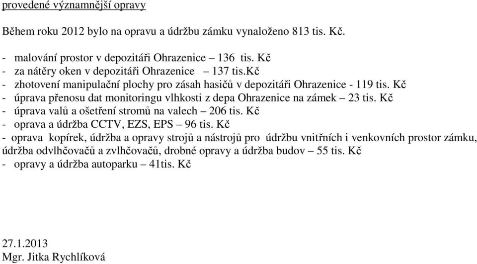 Kč - úprava přenosu dat monitoringu vlhkosti z depa Ohrazenice na zámek 23 tis. Kč - úprava valů a ošetření stromů na valech 206 tis. Kč - oprava a údržba CCTV, EZS, EPS 96 tis.