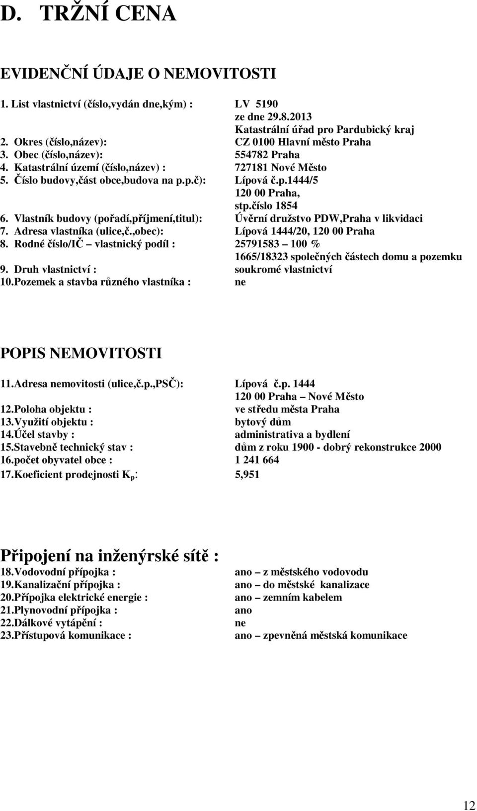p.č): Lípová č.p.1444/5 120 00 Praha, stp.číslo 1854 6. Vlastník budovy (pořadí,příjmení,titul): Úvěrní družstvo PDW,Praha v likvidaci 7. Adresa vlastníka (ulice,č.