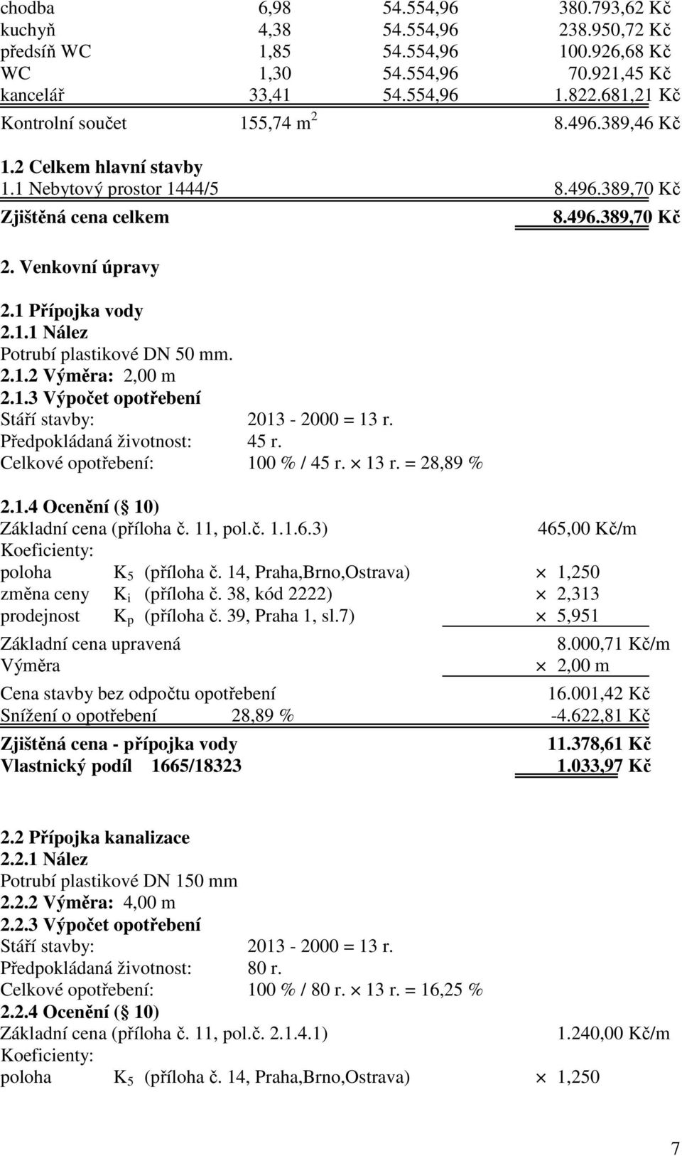 2.1.2 Výměra: 2,00 m 2.1.3 Výpočet opotřebení Stáří stavby: 2013-2000 = 13 r. Předpokládaná životnost: 45 r. Celkové opotřebení: 100 % / 45 r. 13 r. = 28,89 % 8.496.389,70 Kč 2.1.4 Ocenění ( 10) Základní cena (příloha č.