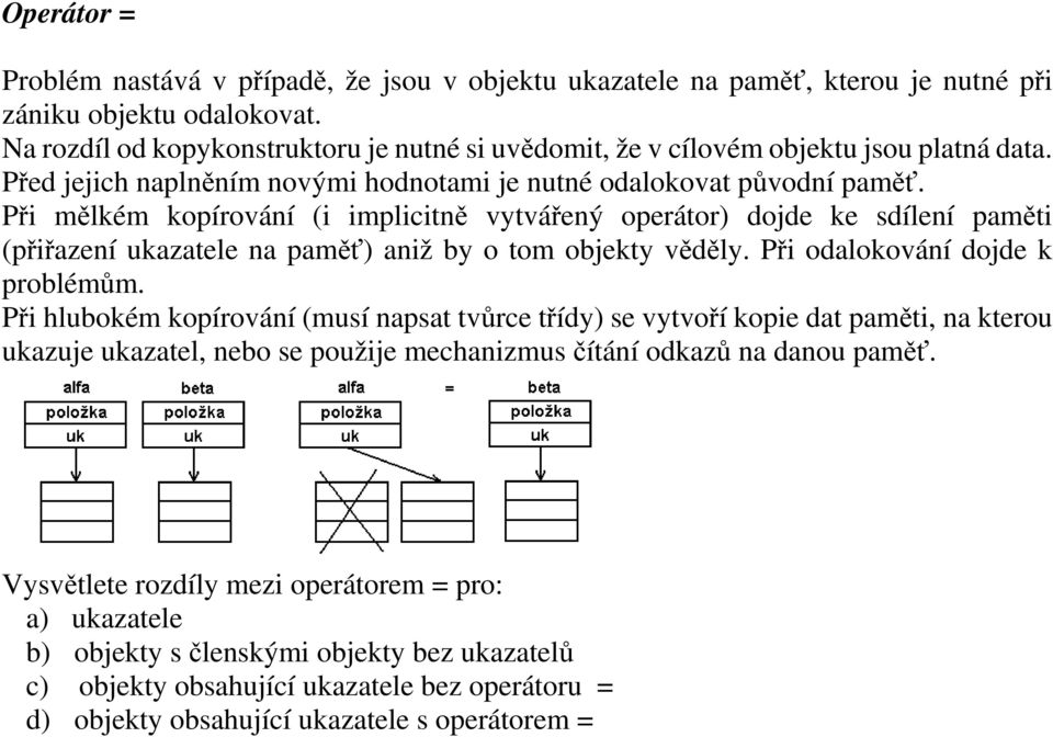 Při mělkém kopírování (i implicitně vytvářený operátor) dojde ke sdílení paměti (přiřazení ukazatele na paměť) aniž by o tom objekty věděly. Při odalokování dojde k problémům.