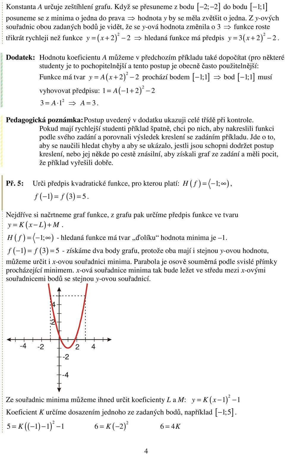 Dodatek: Hodnotu koeficientu A můžeme v předchozím příkladu také dopočítat (pro některé studenty je to pochopitelnější a tento postup je obecně často použitelnější: Funkce má tvar y = A( x + )