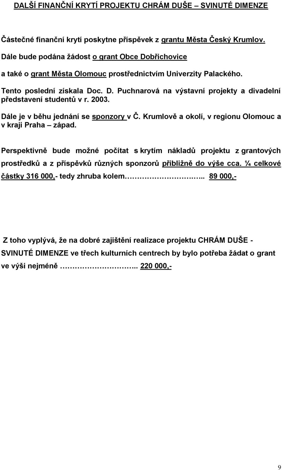 2003. Dále je v běhu jednání se sponzory v Č. Krumlově a okolí, v regionu Olomouc a v kraji Praha západ.