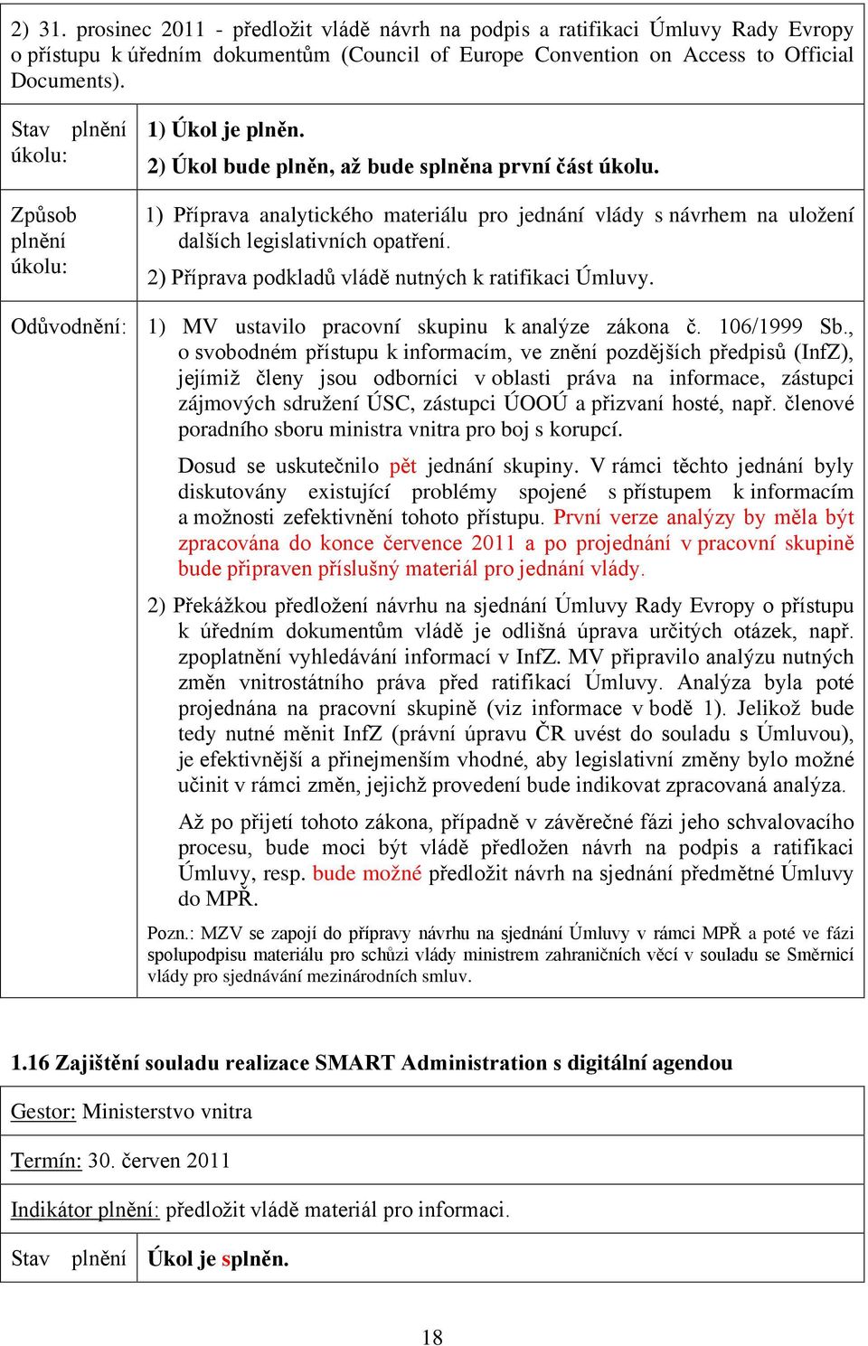 2) Příprava podkladů vládě nutných k ratifikaci Úmluvy. Odůvodnění: 1) MV ustavilo pracovní skupinu k analýze zákona č. 106/1999 Sb.