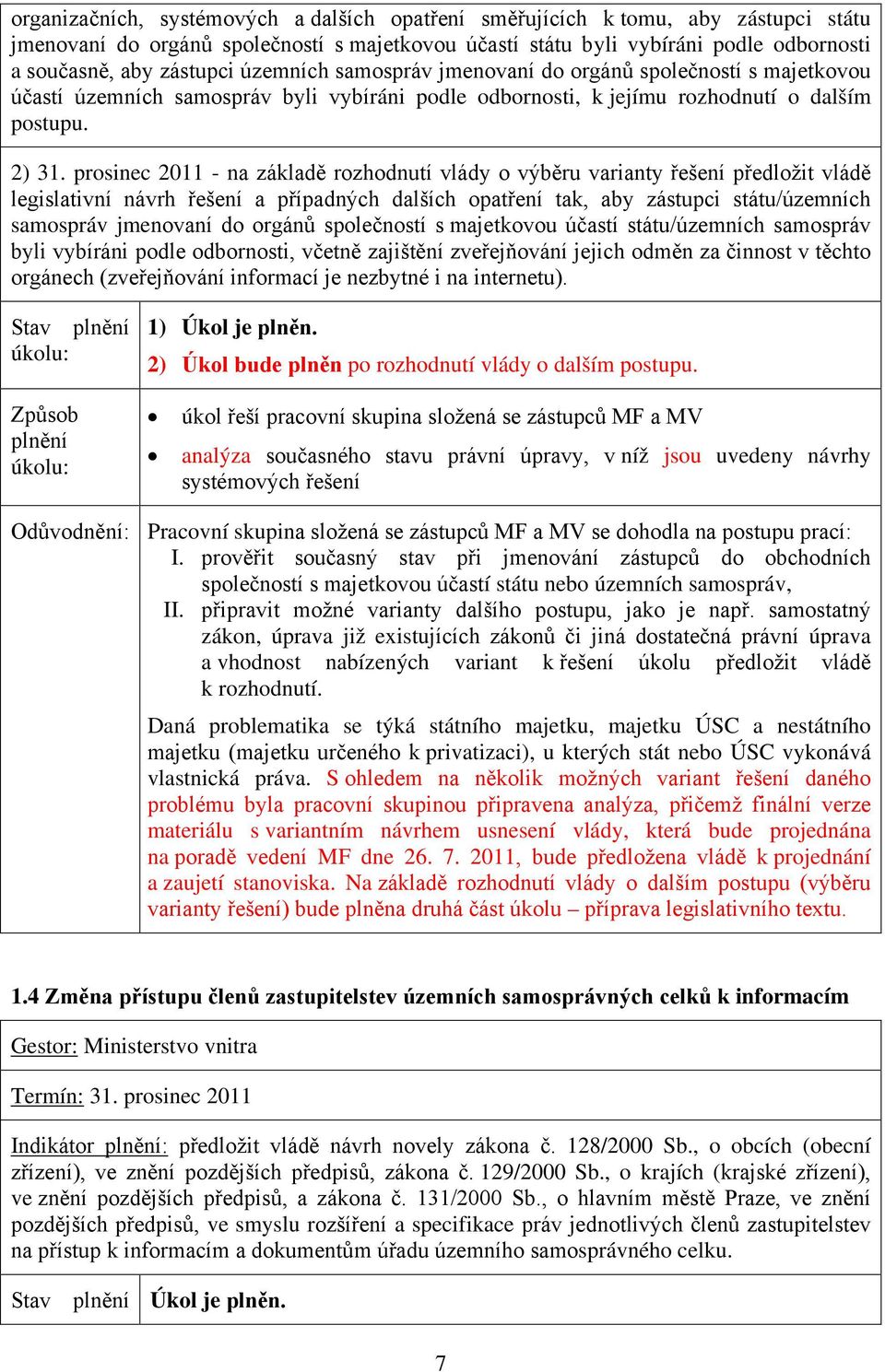 prosinec 2011 - na základě rozhodnutí vlády o výběru varianty řešení předložit vládě legislativní návrh řešení a případných dalších opatření tak, aby zástupci státu/územních samospráv jmenovaní do