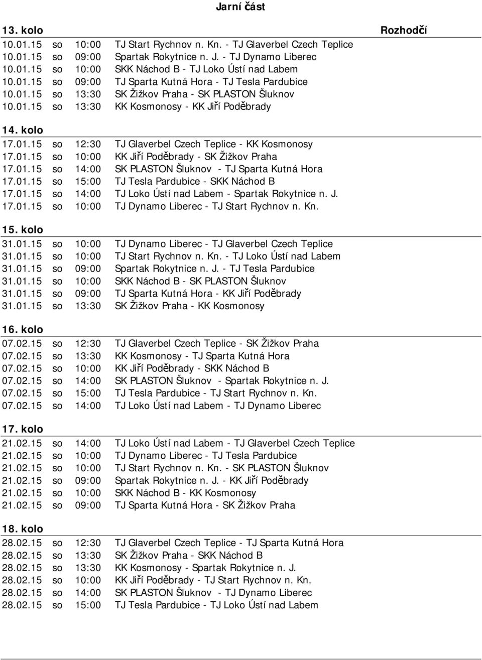 01.15 so 10:00 KK Jiří Poděbrady - SK Žižkov Praha 17.01.15 so 14:00 SK PLASTON Šluknov - TJ Sparta Kutná Hora 17.01.15 so 15:00 TJ Tesla Pardubice - SKK Náchod B 17.01.15 so 14:00 TJ Loko Ústí nad Labem - Spartak Rokytnice n.