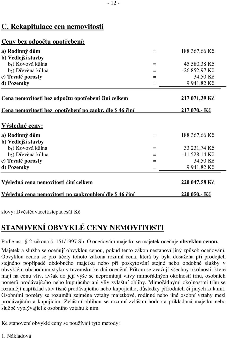 34,50 K d) Pozemky = 9 941,82 K Cena nemovitosti bez odpo tu opot ebení iní celkem Cena nemovitosti bez opot ebení po zaokr.