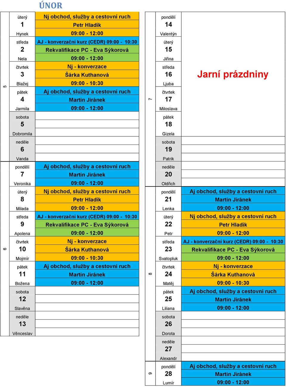 Jarní prázdniny 8 Petr Hladík 21 Martin Jiránek Milada 09:00-12:00 Lenka 09:00-12:00 10:30 Nj obchod, služby a cestovní ruch 9 Rekvalifikace PC - Eva Sýkorová 22 Petr Hladík Apolena 09:00-12:00 Petr