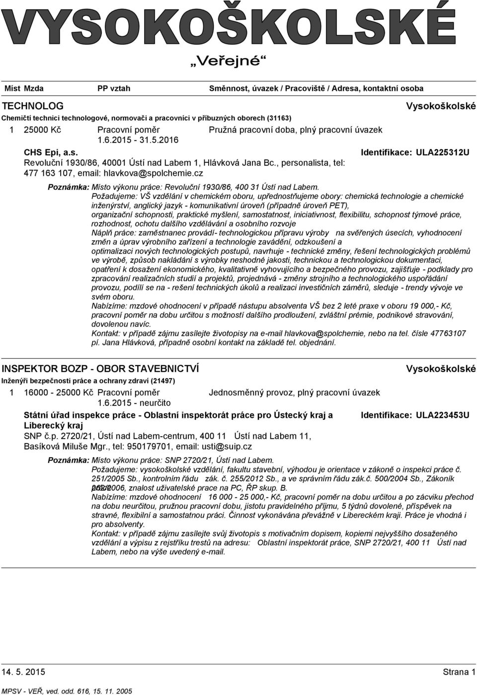 Požadujeme: VŠ vzdělání v chemickém oboru, upřednostňujeme obory: chemická technologie a chemické inženýrství, anglický jazyk - komunikativní úroveň (případně úroveň PET), organizační schopnosti,