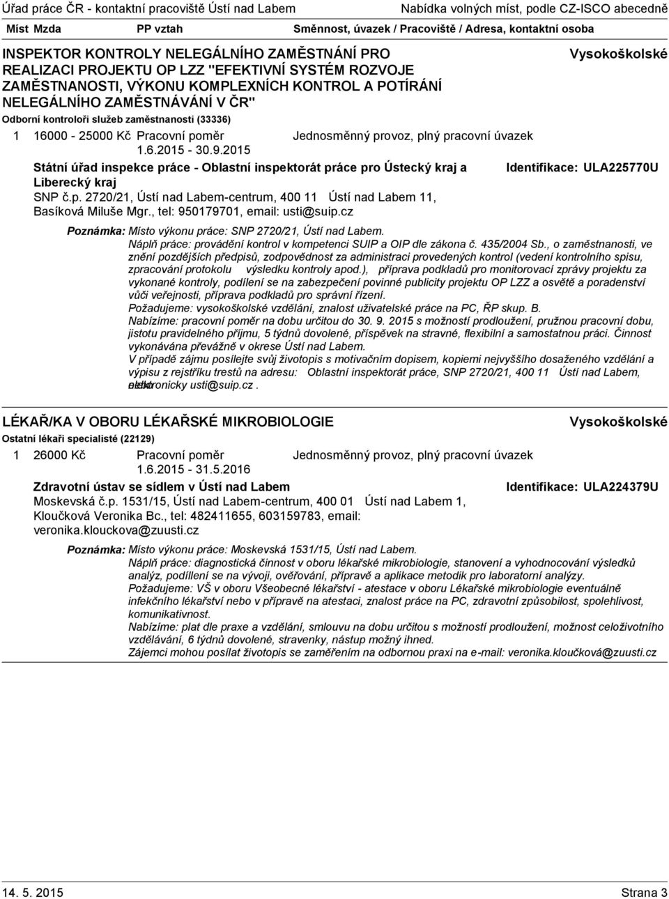 205 Státní úřad inspekce práce - Oblastní inspektorát práce pro Ústecký kraj a Identifikace: ULA225770U Liberecký kraj SNP č.p. 2720/2, Ústí nad Labem-centrum, 400 Ústí nad Labem, Basíková Miluše Mgr.