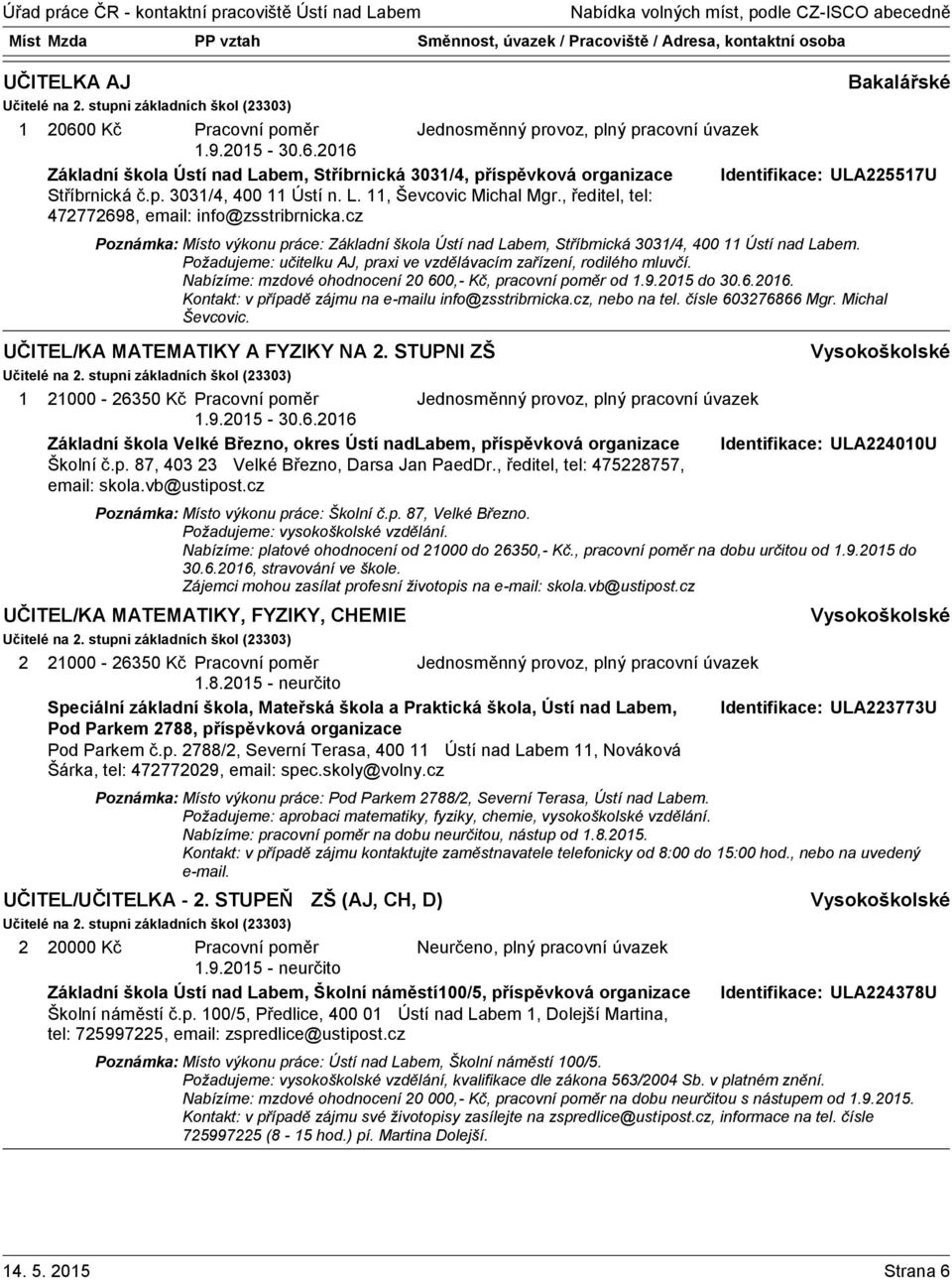 cz Poznámka: Místo výkonu práce: Základní škola Ústí nad Labem, Stříbrnická 303/4, 400 Ústí nad Labem. Požadujeme: učitelku AJ, praxi ve vzdělávacím zařízení, rodilého mluvčí.