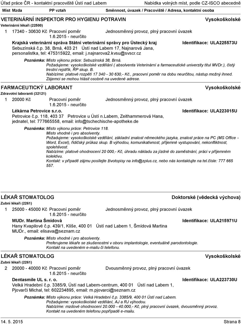 Požadujeme: vysokoškolské vzdělání ( absolventa Veterinární a farmaceutické univerzity titul MVDr.), čistý trestní rejstřík, ŘP skup. B. Nabízíme: platové rozpětí 7 340-30 630,- Kč.