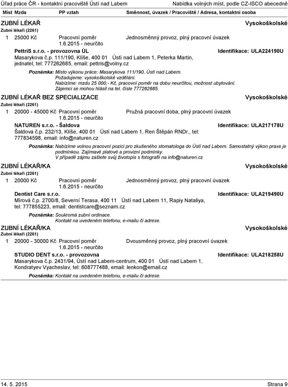 Zájemci se mohou hlásit na tel. čísle 777262685. ZUBNÍ LÉKAŘ BEZ SPECIALIZACE Zubní lékaři (226) 20000-45000 Kč Pracovní poměr NATUREN s.r.o. - Šaldova Identifikace: ULA2778U Šaldova č.p. 232/3, Klíše, 400 0 Ústí nad Labem, Ren Štěpán RNDr.