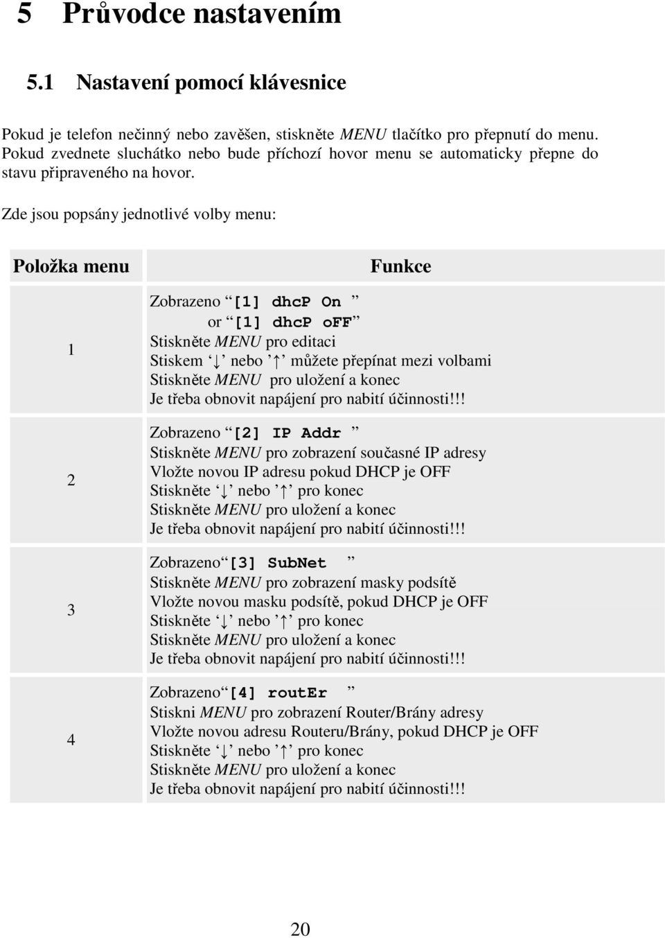 Zde jsou popsány jednotlivé volby menu: Položka menu 1 2 3 4 Funkce Zobrazeno [1] dhcp On or [1] dhcp off Stiskněte MENU pro editaci Stiskem nebo můžete přepínat mezi volbami Stiskněte MENU pro