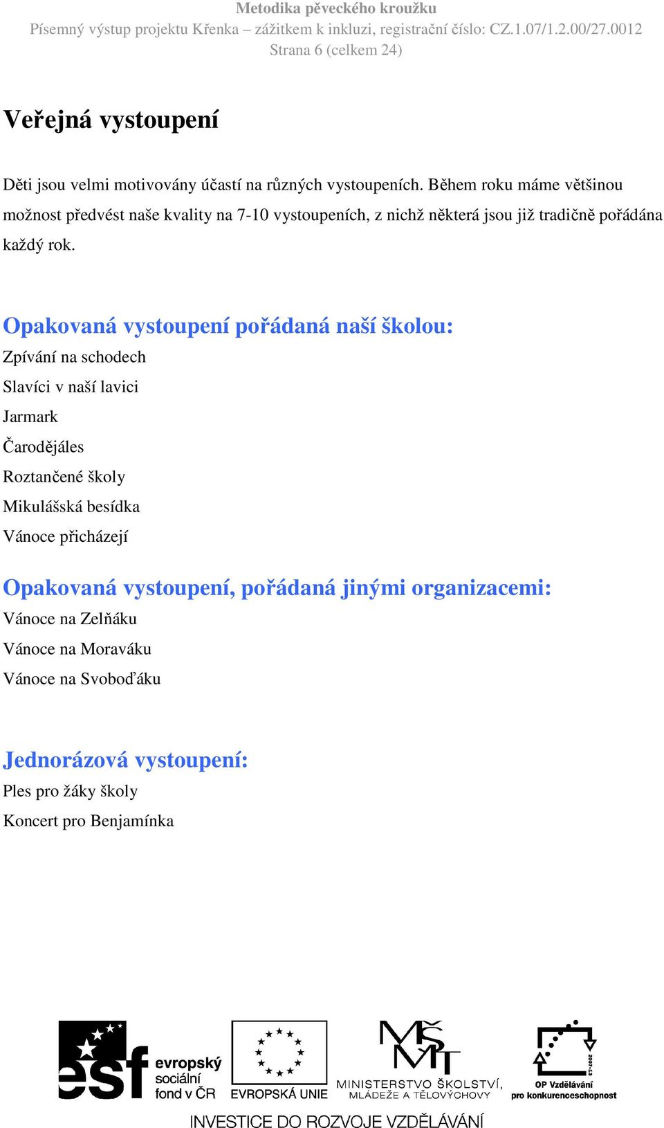 Opakovaná vystoupení pořádaná naší školou: Zpívání na schodech Slavíci v naší lavici Jarmark Čarodějáles Roztančené školy Mikulášská besídka