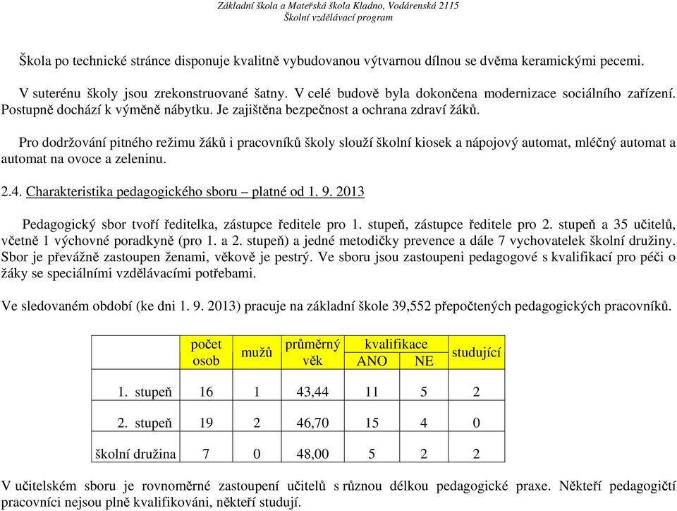 Pro dodržování pitného režimu žáků i pracovníků školy slouží školní kiosek a nápojový automat, mléčný automat a automat na ovoce a zeleninu. 2.4. Charakteristika pedagogického sboru platné od 1. 9.