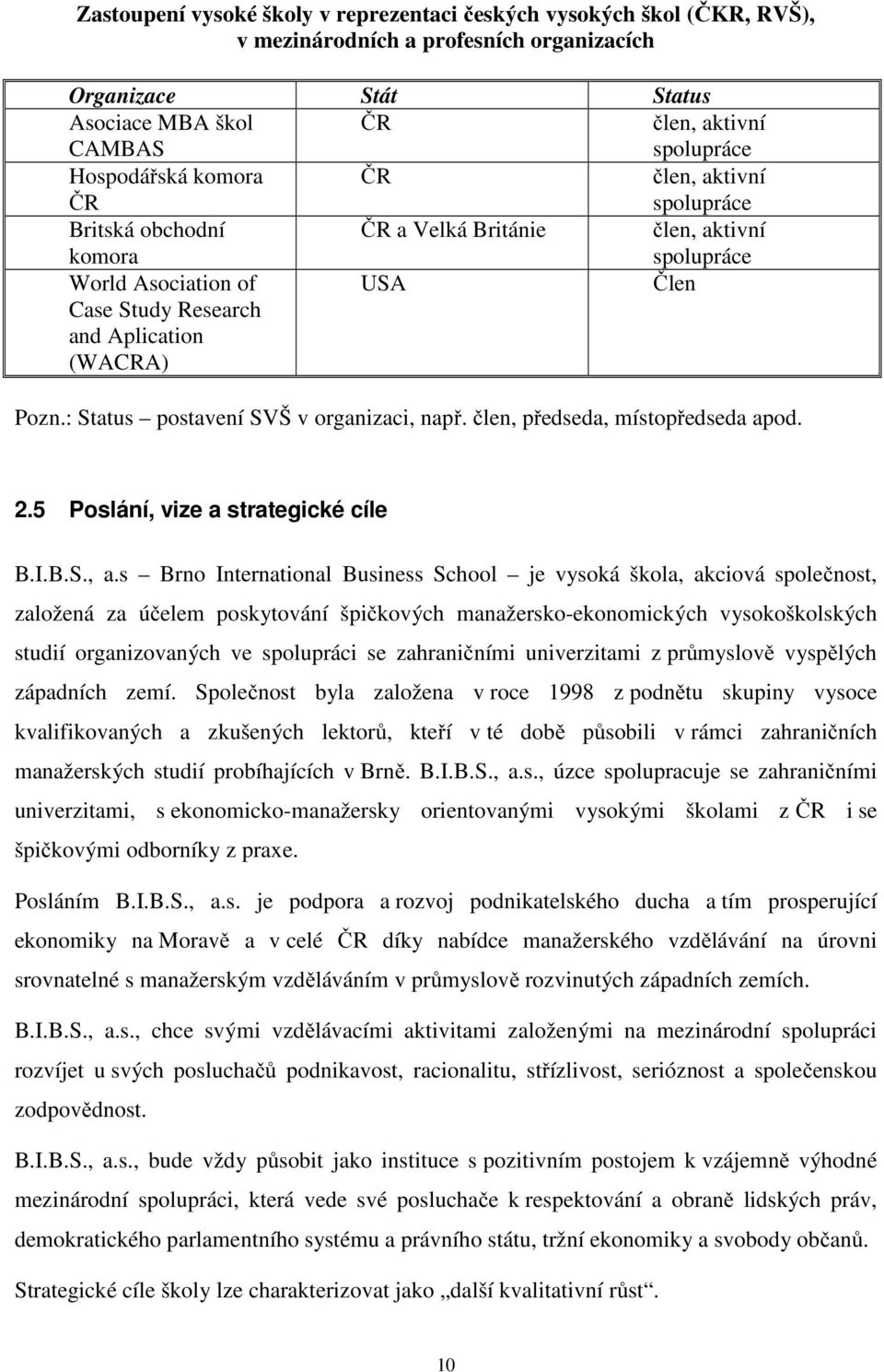 : Status postavení SVŠ v organizaci, např. člen, předseda, místopředseda apod. 2.5 Poslání, vize a strategické cíle B.I.B.S., a.