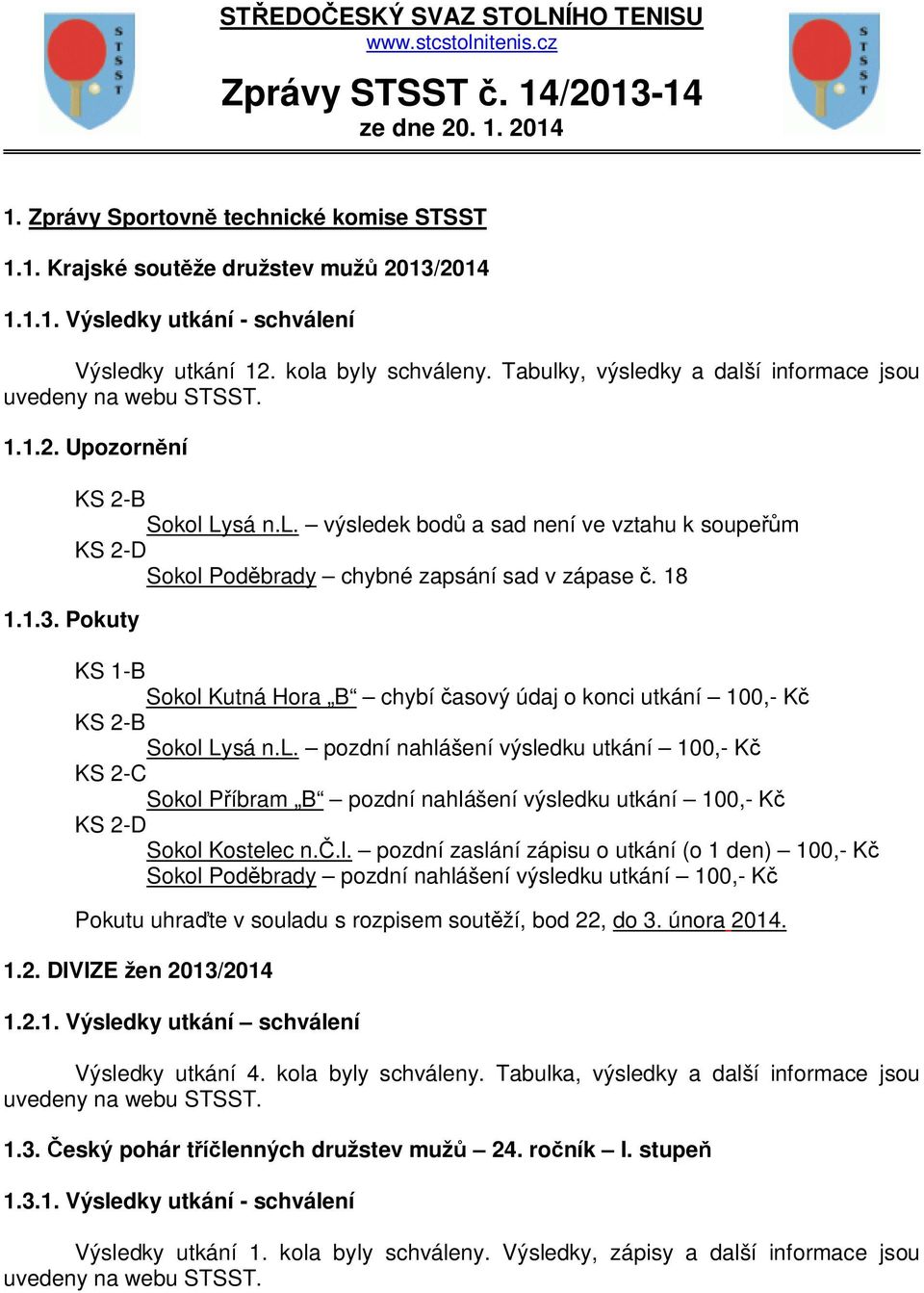 18 1.1.3. Pokuty KS 1-B Sokol Kutná Hora B chybí asový údaj o konci utkání 100,- K KS 2-B Sokol Lysá n.l. pozdní nahlášení výsledku utkání 100,- K KS 2-C Sokol P íbram B pozdní nahlášení výsledku utkání 100,- K KS 2-D Sokol Kostelec n.