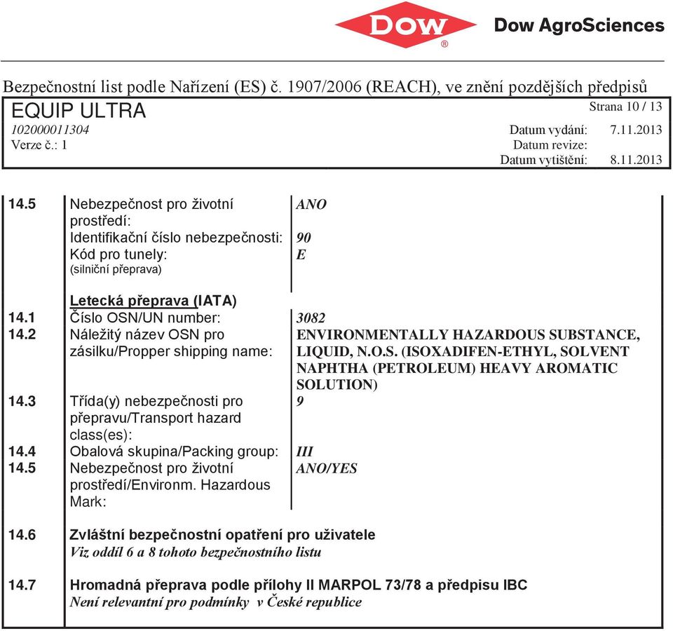 3 Třída(y) nebezpečnosti pro přepravu/transport hazard class(es): SOLUTION) 9 14.4 Obalová skupina/packing group: III 14.5 Nebezpečnost pro životní prostředí/environm.