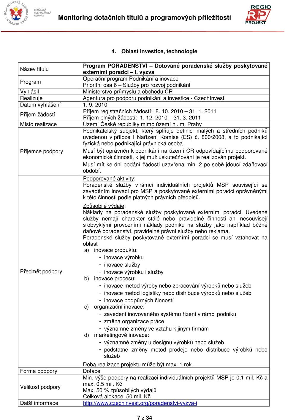 2010 Příjem registračních žádostí: 8. 10. 2010 31. 1. 2011 Příjem žádostí Příjem plných žádostí: 1. 12. 2010 31. 3. 2011 Místo realizace Území České republiky mi