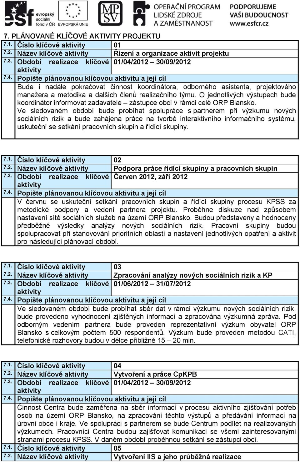 O jednotlivých výstupech bude koordinátor informovat zadavatele zástupce obcí v rámci celé ORP Blansko.